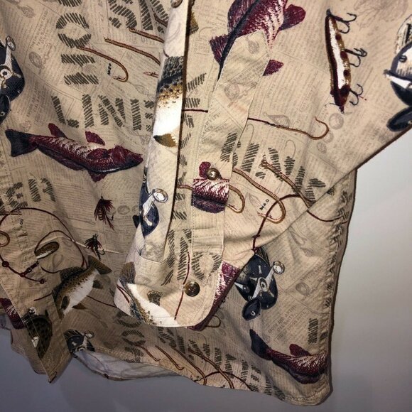 Magellan Mens Large Beige Fish Printed Long Sleeve Button Up Collar Shirt Size L - Picture 5 of 10